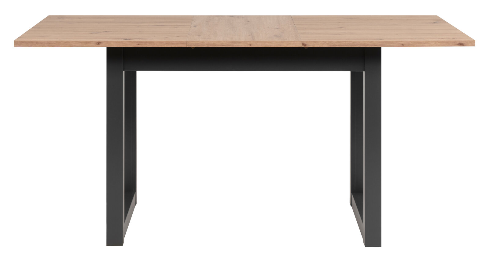 Moderner Esstisch mit Holzplatte und schwarzen Metallbeinen, Frontalansicht.