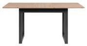 Moderne eettafel met houten blad en zwarte metalen poten, vooraanzicht.