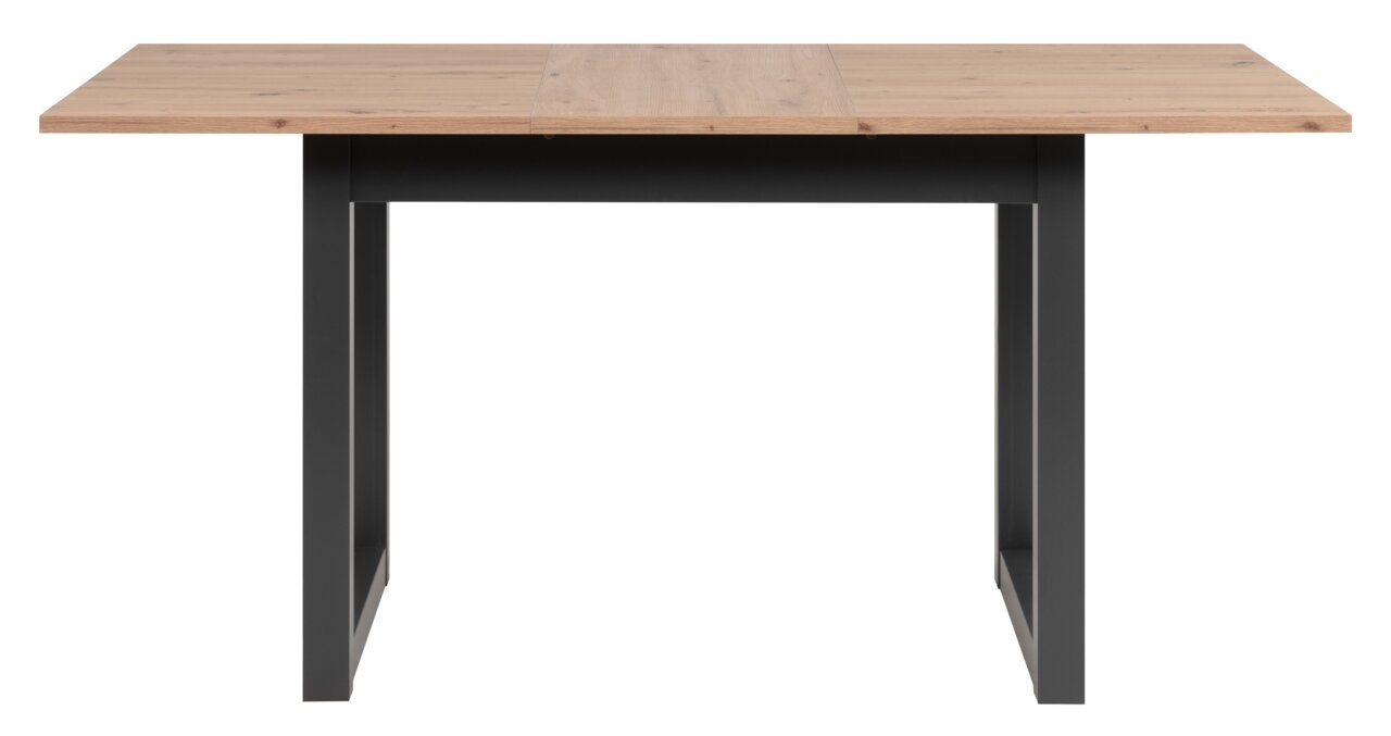 Moderne eettafel met houten blad en zwarte metalen poten, vooraanzicht.