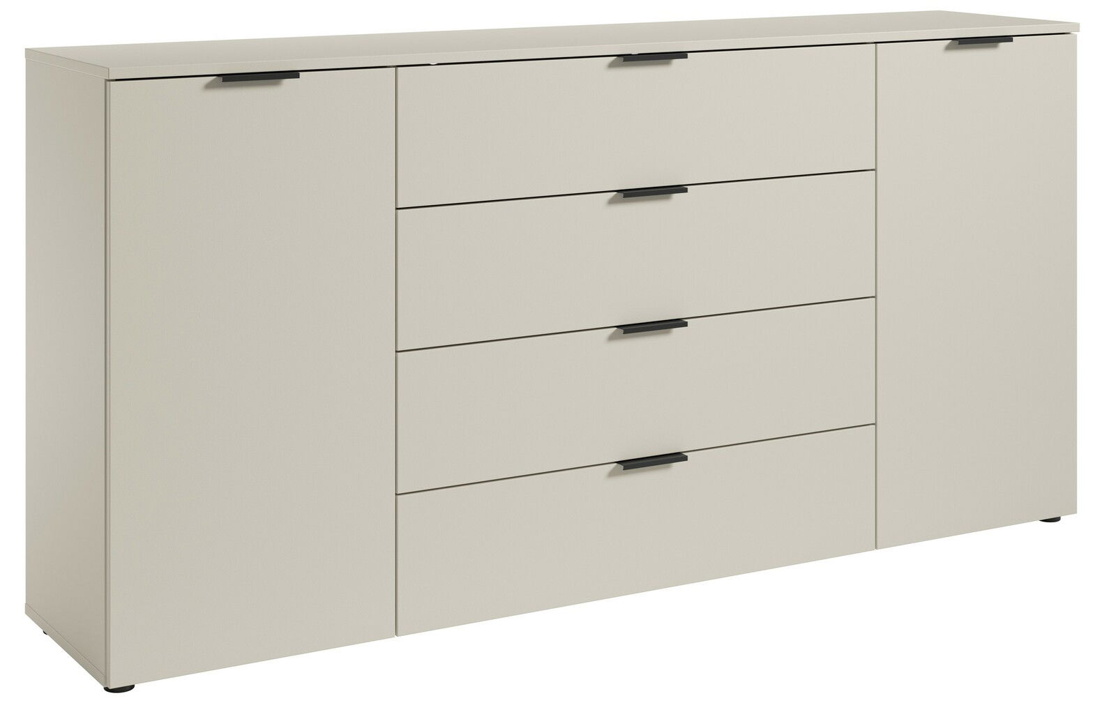 XL-Sideboard in heller Farbe mit vier Schubladen und zwei Türen, seitliche Perspektive