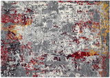 Moderner Designer-Teppich mit abstraktem Muster in Grau, Rot und Gelb, Draufsicht