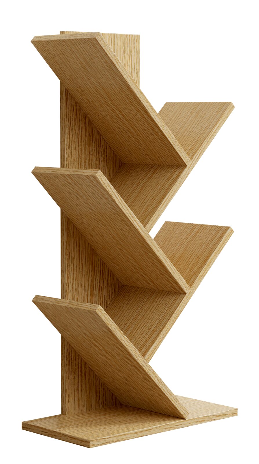 Modernes Zickzack-Bücherregal aus hellem Holz mit drei schrägen Ablageflächen und Standfuß, freigestellt auf weißem Hintergrund, perspektivisch in seitlicher 3/4-Ansicht von vorne gezeigt