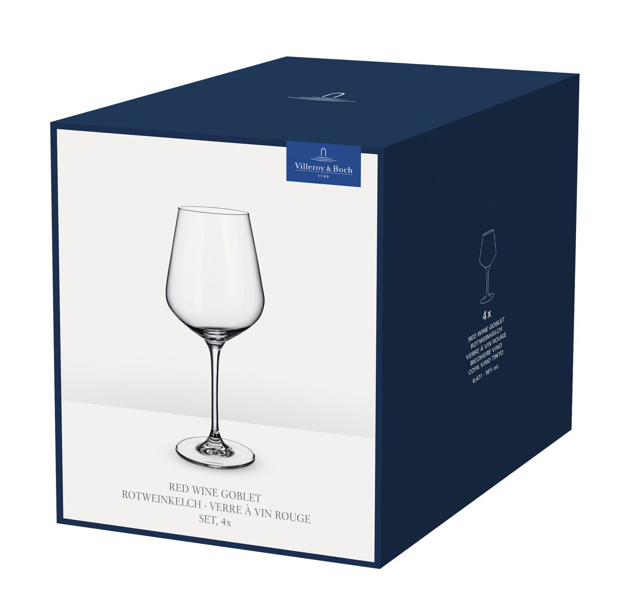 Verpackung eines 4-teiligen Rotweinkelch-Sets von Villeroy & Boch, Vorderansicht