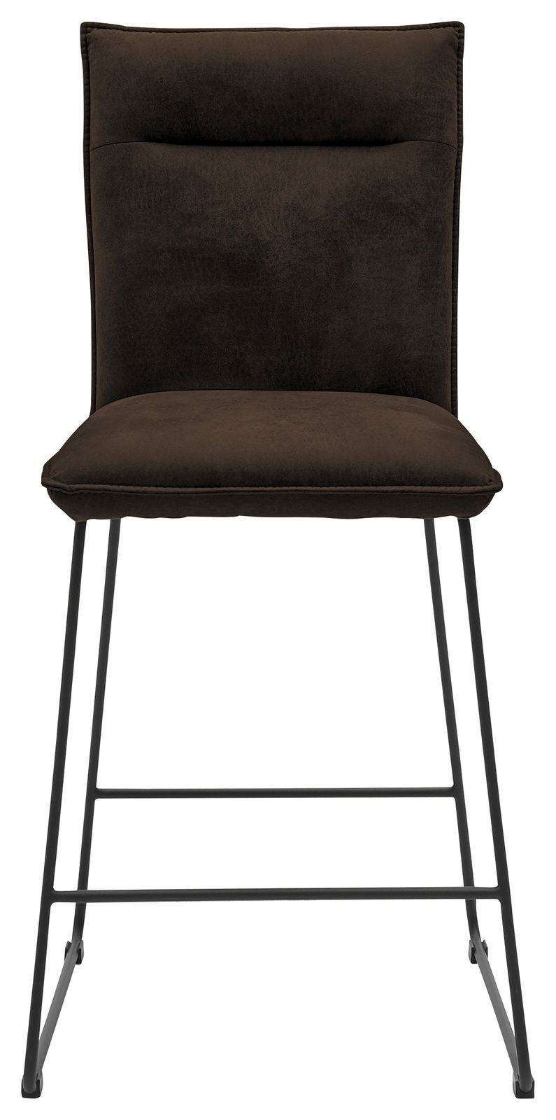 Barstuhl in dunklem Stoff mit Metallbeinen, Frontalansicht