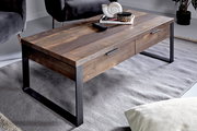 Moderner Couchtisch aus Holz mit Metallbeinen, seitliche Perspektive