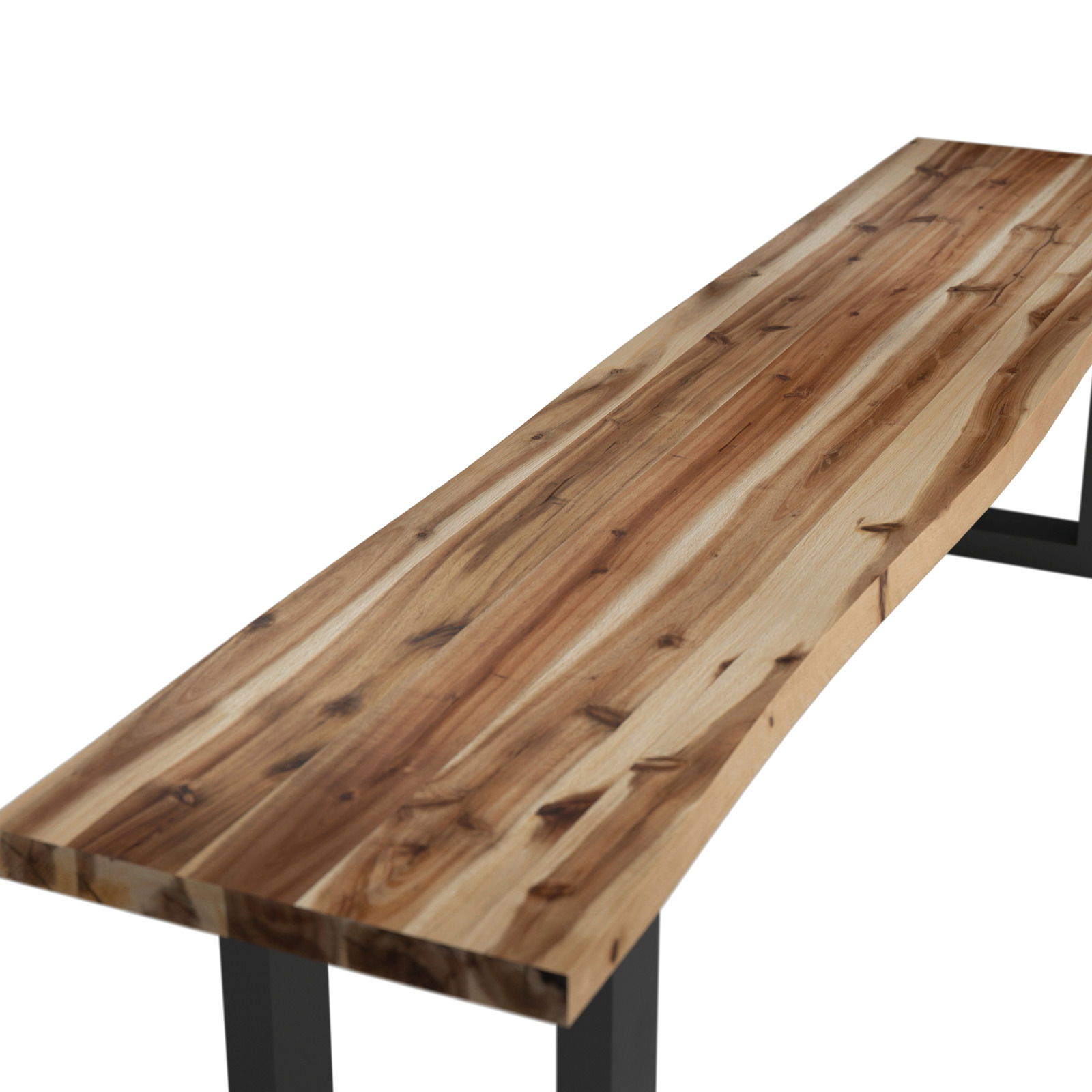 Holzgartenbank mit Metallbeinen, seitliche Perspektive