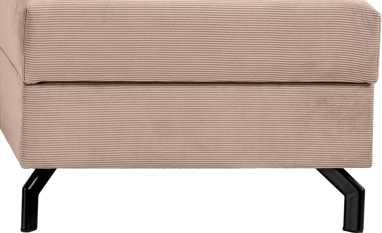 Nahaufnahme eines Schlafsofas in L-Form mit geripptem Stoffbezug und schwarzen Metallbeinen, seitliche Perspektive.