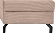 Nahaufnahme eines Schlafsofas in L-Form mit geripptem Stoffbezug und schwarzen Metallbeinen, seitliche Perspektive.