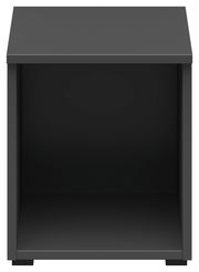 Schwarzer Regalaufsatz aus Metall, frontal betrachtet