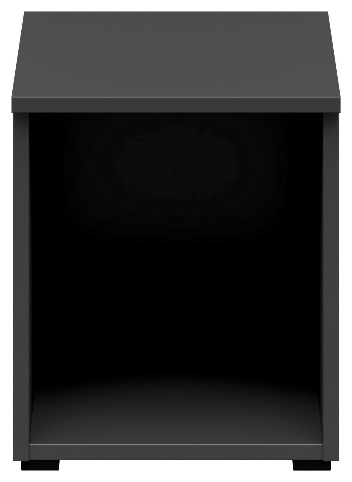 Schwarzer Regalaufsatz aus Metall, frontal betrachtet