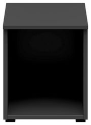 Schwarzer Regalaufsatz aus Metall, frontal betrachtet