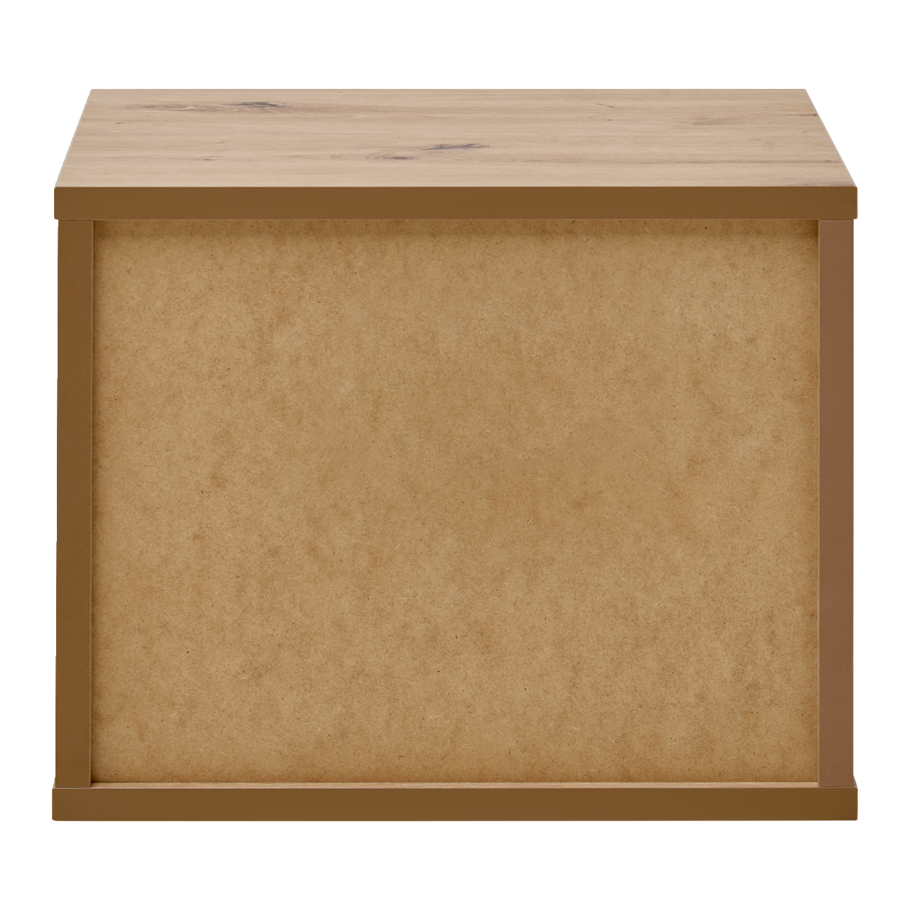 Rückansicht einer Nachtkonsole aus Holz mit schlichtem Design.