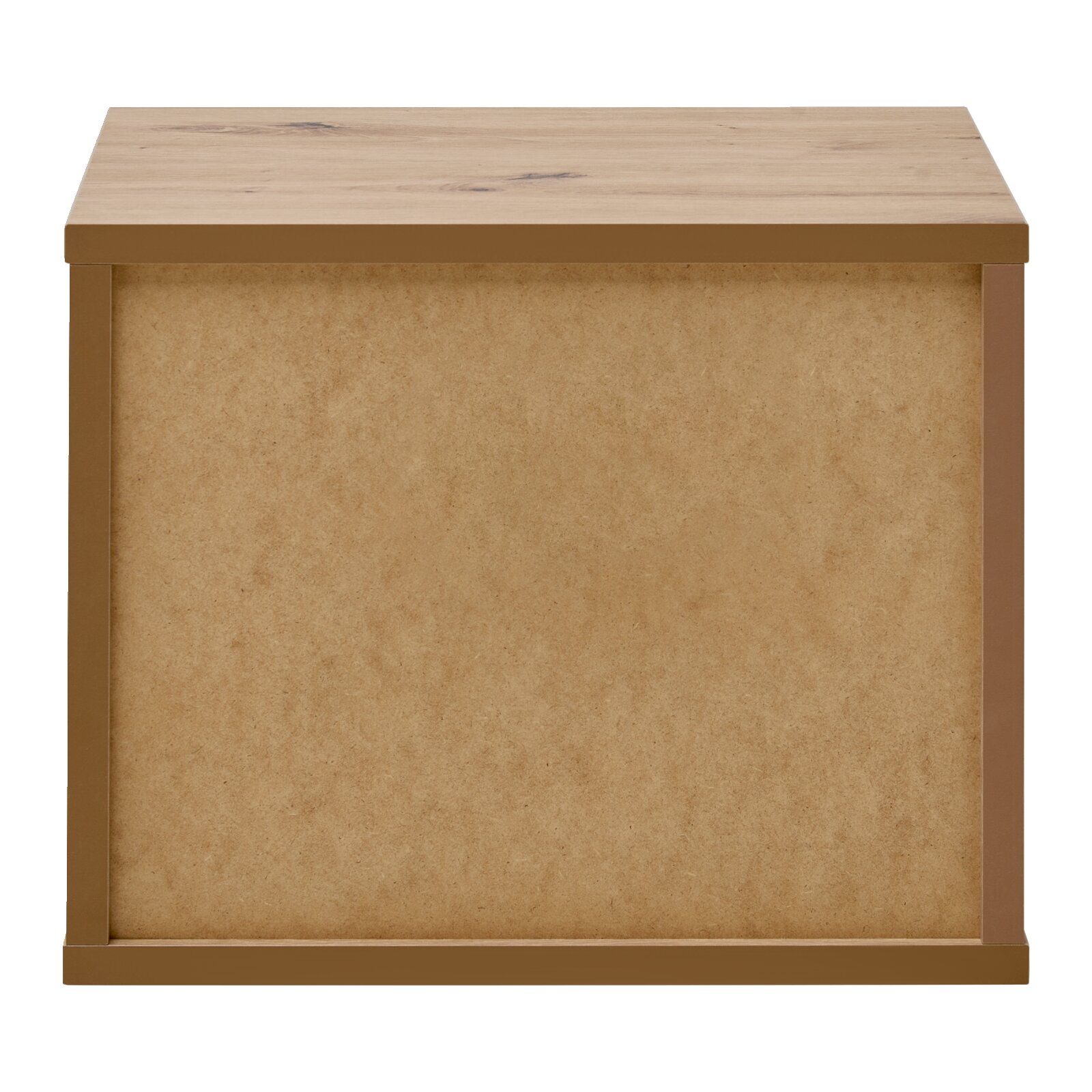 Rückansicht einer Nachtkonsole aus Holz mit schlichtem Design.