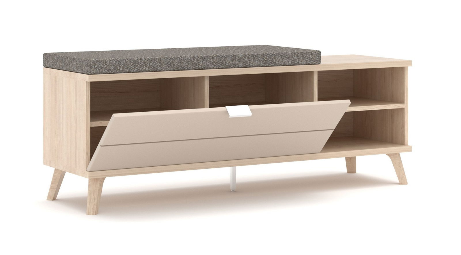 Garderobenbank aus hellem Holz mit grauem Sitzpolster, offene Fächer und eine klappbare Front, seitliche Perspektive