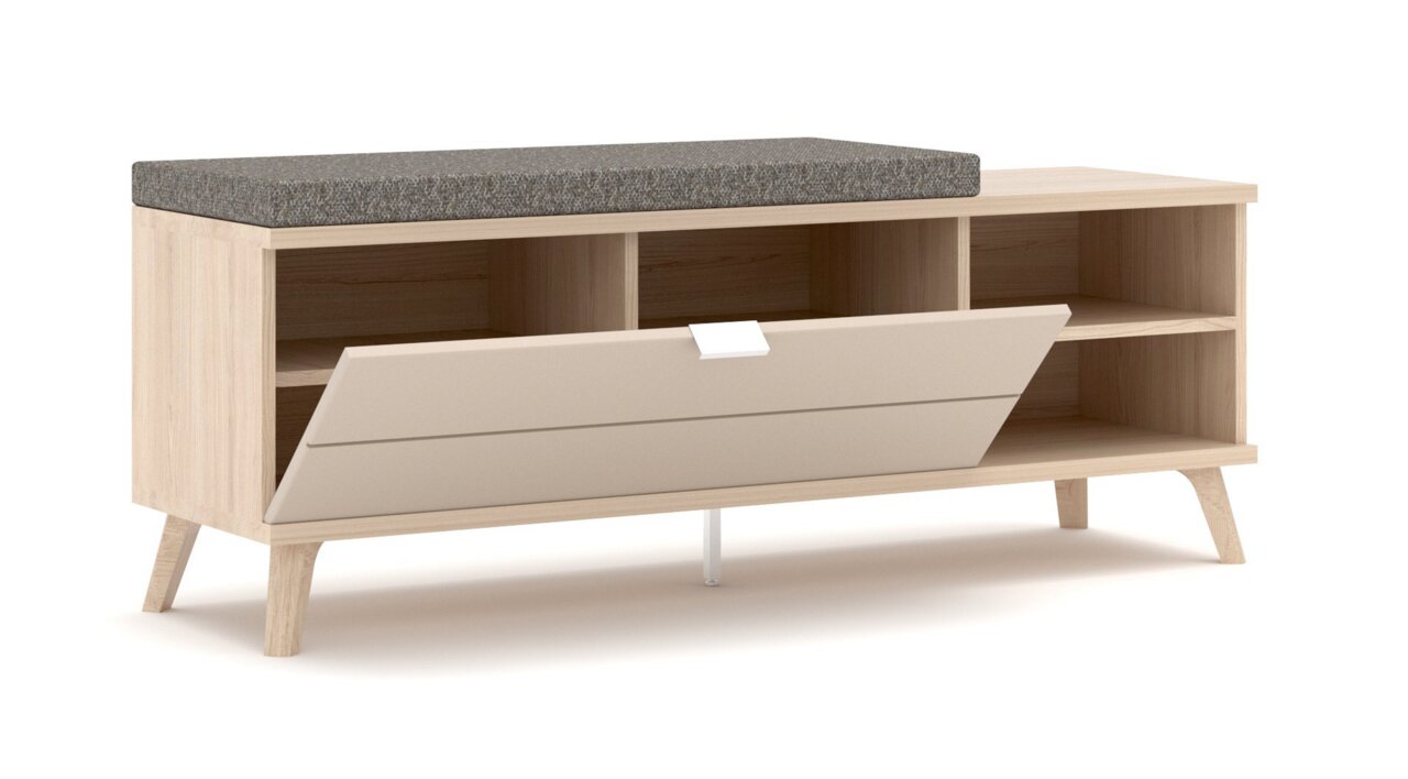 Garderobenbank aus hellem Holz mit grauem Sitzpolster, offene Fächer und eine klappbare Front, seitliche Perspektive