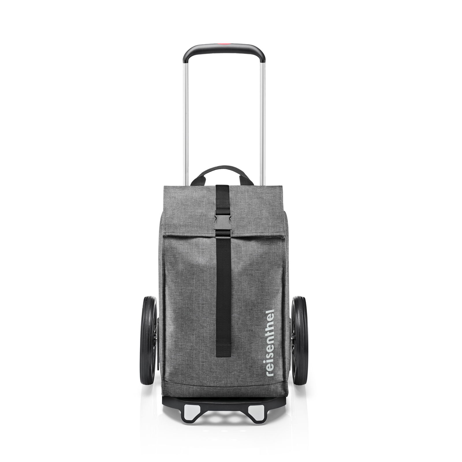Frontansicht eines grauen Citycruiser Twist mit großen Rädern und Teleskopgriff.