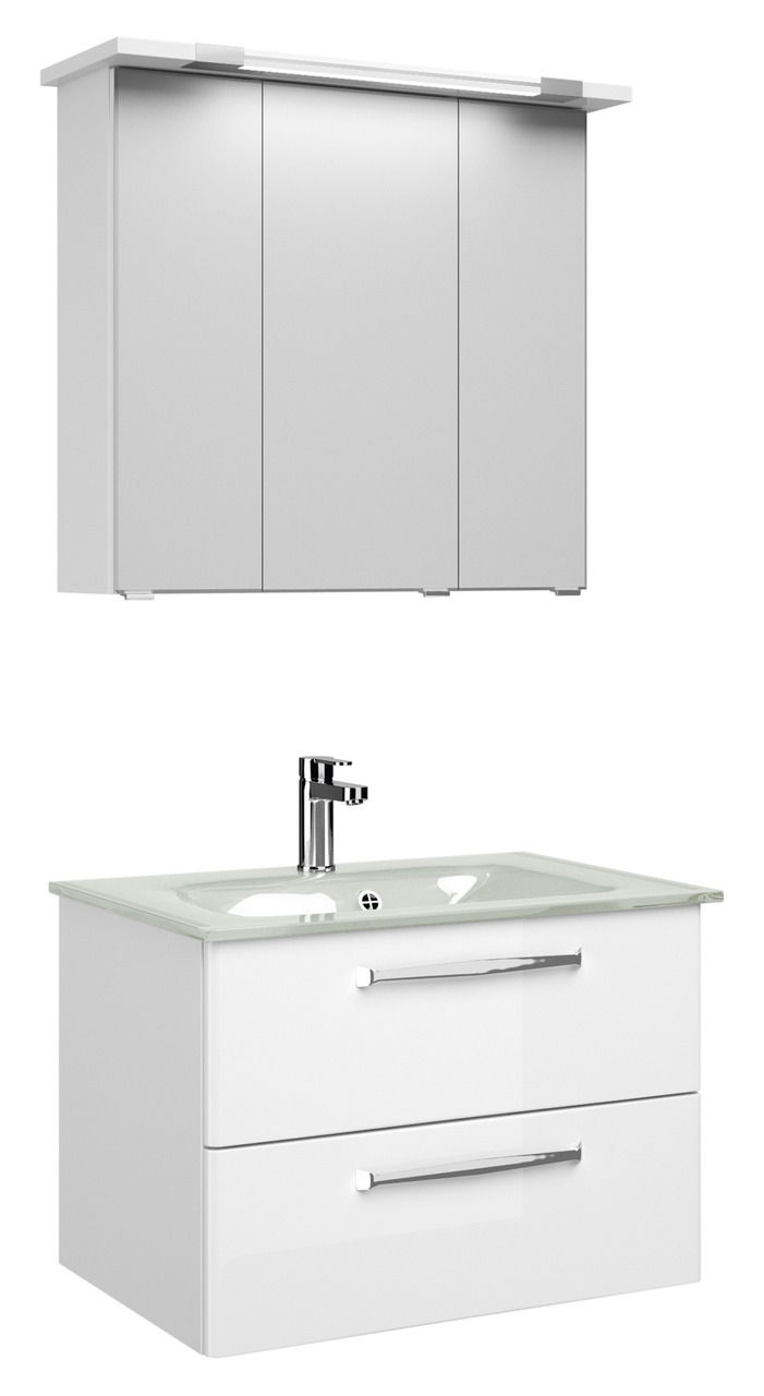 Moderner Badblock mit Spiegelschrank und Waschbeckenunterschrank, Frontalansicht