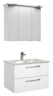 Moderner Badblock mit Spiegelschrank und Waschbeckenunterschrank, Frontalansicht