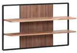 Wandregal mit zwei Holzböden und schwarzem Metallrahmen, frontale Ansicht