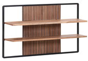 Wandregal mit zwei Holzböden und schwarzem Metallrahmen, frontale Ansicht