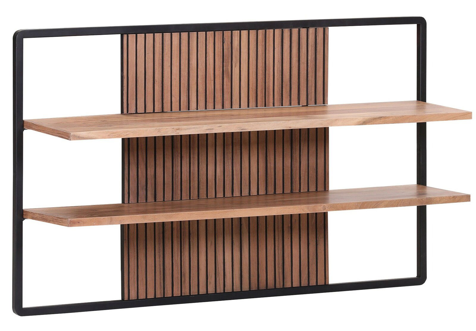 Landscape Wandregal AKAZIO Wandregal mit zwei Holzböden und schwarzem Metallrahmen, frontale Ansicht