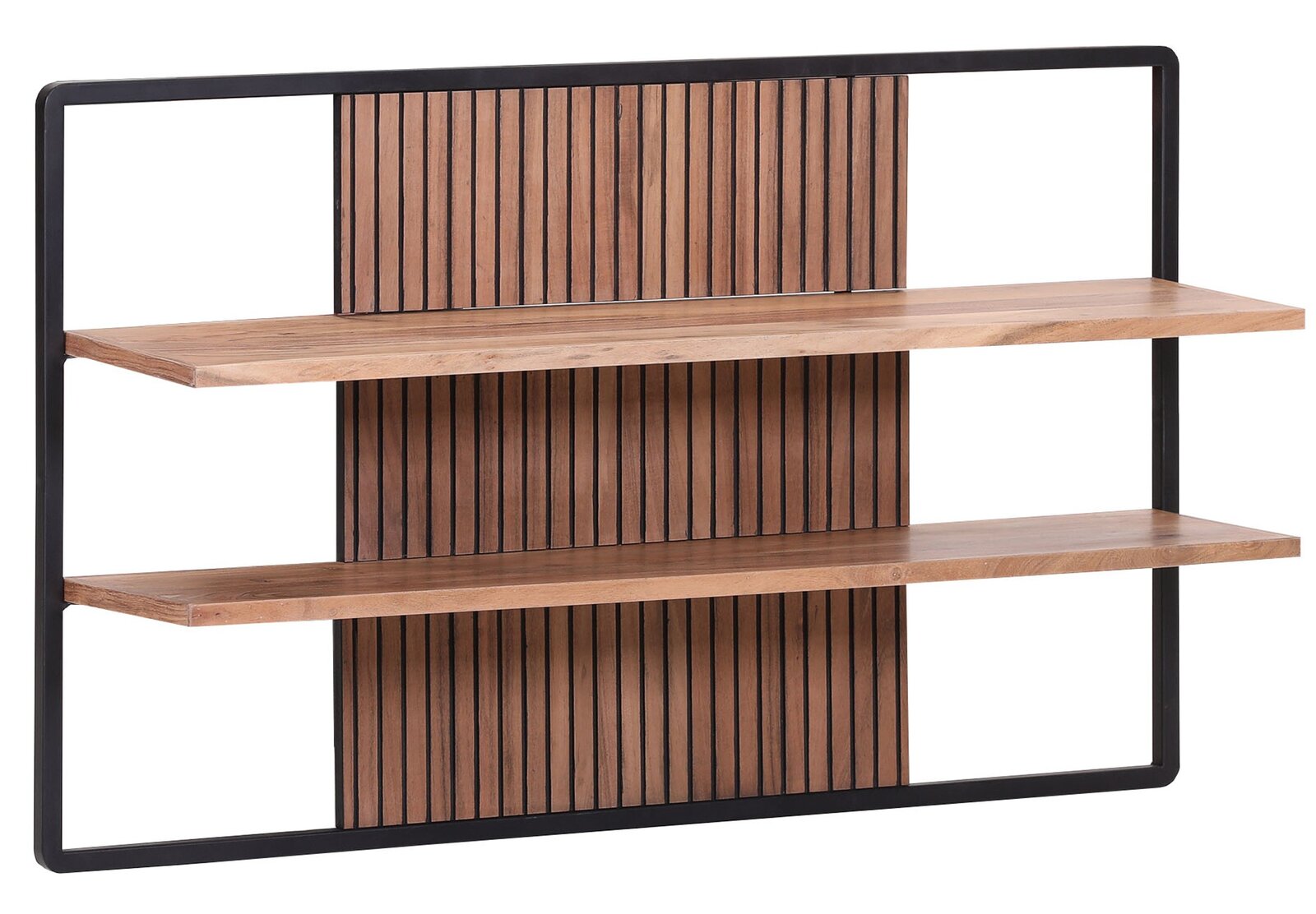 Landscape Wandregal AKAZIO Wandregal mit zwei Holzböden und schwarzem Metallrahmen, frontale Ansicht