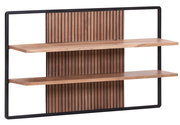 Wandregal mit zwei Holzböden und schwarzem Metallrahmen, frontale Ansicht