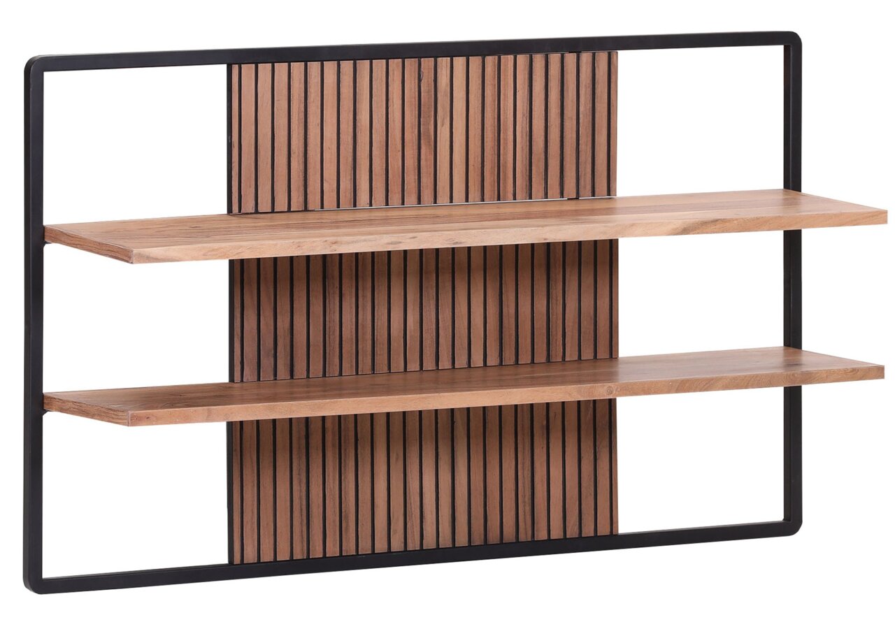 Wandregal mit zwei Holzböden und schwarzem Metallrahmen, frontale Ansicht