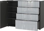 Modernes Sideboard mit geöffneten Schubladen und einer Tür, Ansicht von vorne.