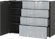Modernes Sideboard mit geöffneten Schubladen und einer Tür, Ansicht von vorne.