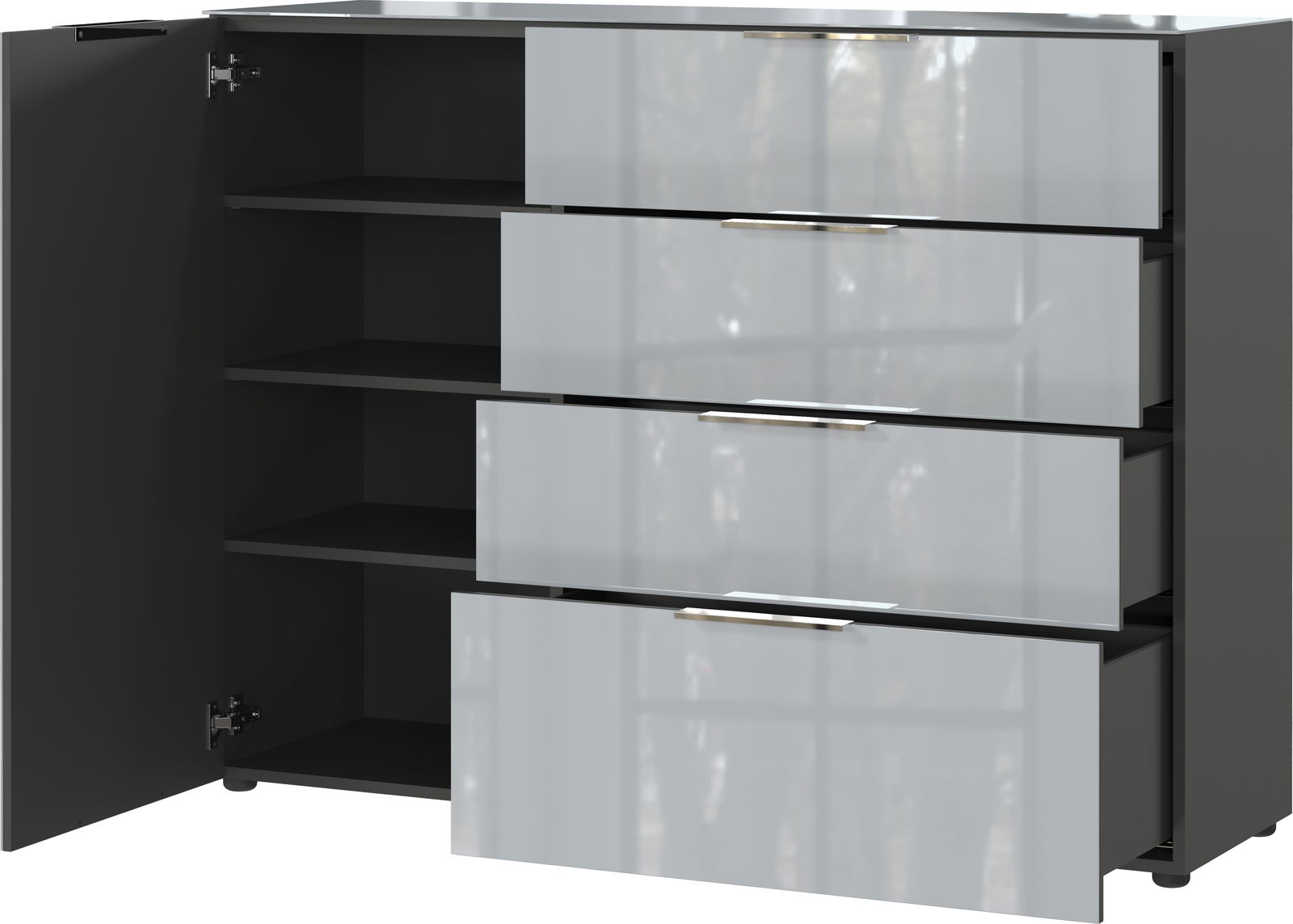 Modernes Sideboard mit geöffneten Schubladen und einer Tür, Ansicht von vorne.