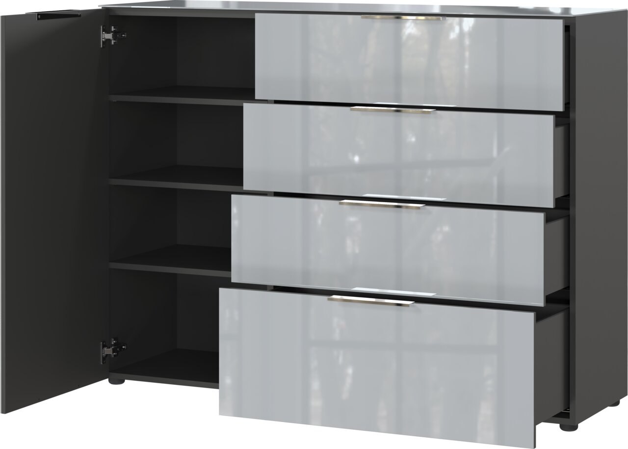 Modern dressoir met open lades en een deur, gezien vanaf de voorkant.