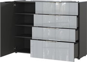 Modern dressoir met open lades en een deur, gezien vanaf de voorkant.