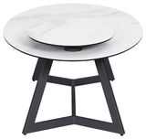 Runder Couchtisch mit weißer Marmoroptik und schwarzem Metallgestell, seitliche Perspektive