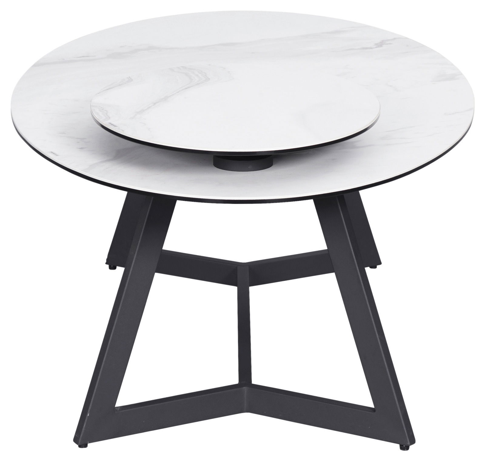 Runder Couchtisch mit weißer Marmoroptik und schwarzem Metallgestell, seitliche Perspektive