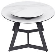 Runder Couchtisch mit weißer Marmoroptik und schwarzem Metallgestell, seitliche Perspektive