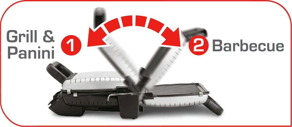 Seitenansicht eines 2in1 Kontaktgrills, der sowohl als Grill & Panini als auch als Barbecue verwendet werden kann.