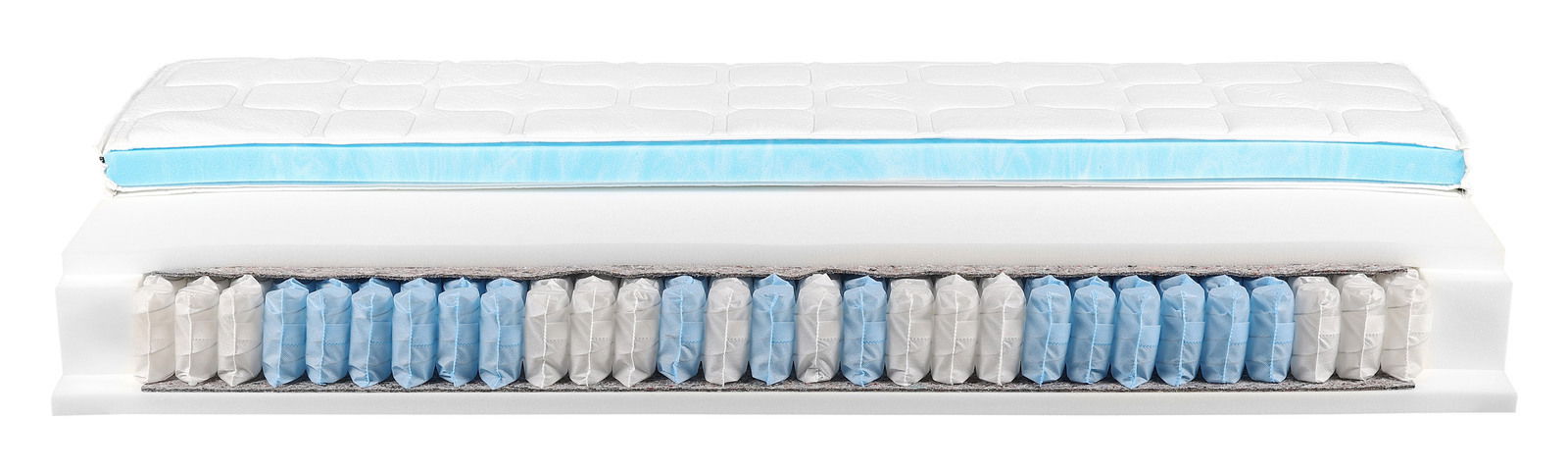Querschnitt einer Taschenfederkernmatratze H3 mit sichtbaren Schichten und Federn, seitliche Perspektive.