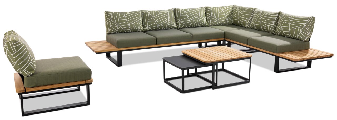 Musterring Sessel MR MADEIRA Moderne Loungeecke mit grünem Polster und Holzdetails, bestehend aus einem Ecksofa, einem Sessel und zwei Beistelltischen, seitliche Perspektive.