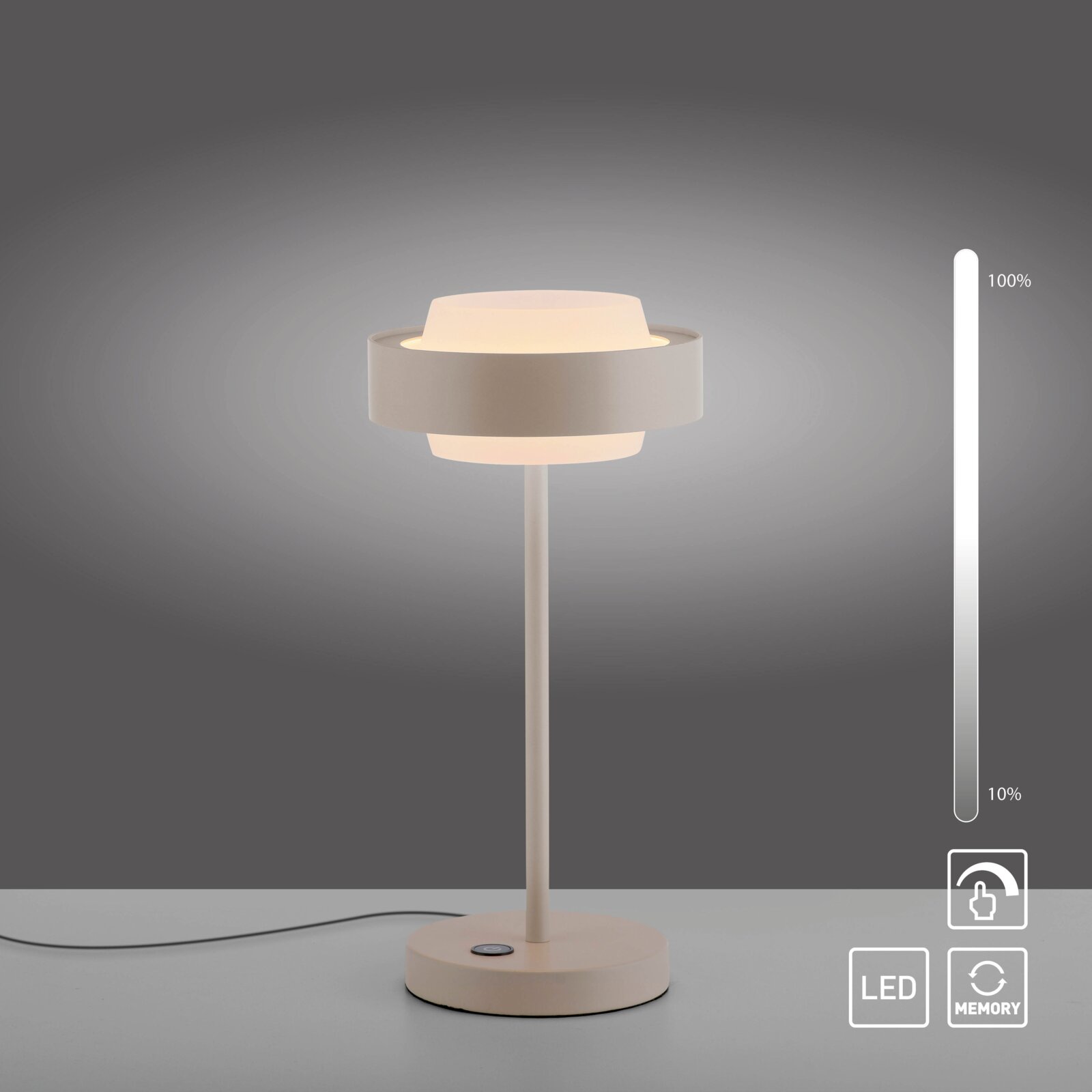 Moderne LED-Tischleuchte in Beige mit rundem Fuß, schlankem Stab und ringförmigem Schirm, warmweiß leuchtend, Frontansicht auf grauem Hintergrund