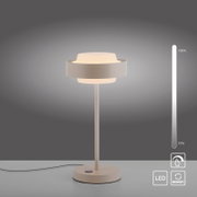 Moderne LED-Tischleuchte in Beige mit rundem Fuß, schlankem Stab und ringförmigem Schirm, warmweiß leuchtend, Frontansicht auf grauem Hintergrund
