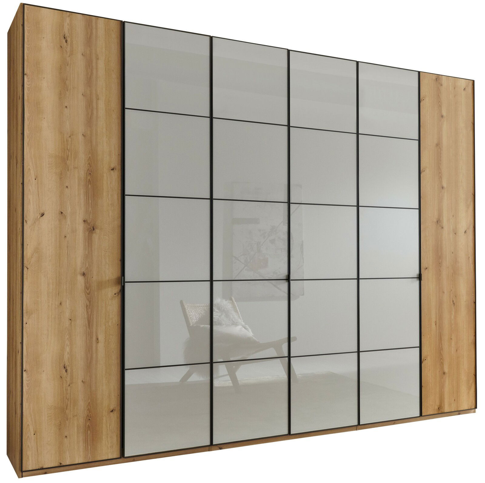 Moderner Drehtürenschrank mit Holzoptik und verspiegelten Türen, seitliche Perspektive