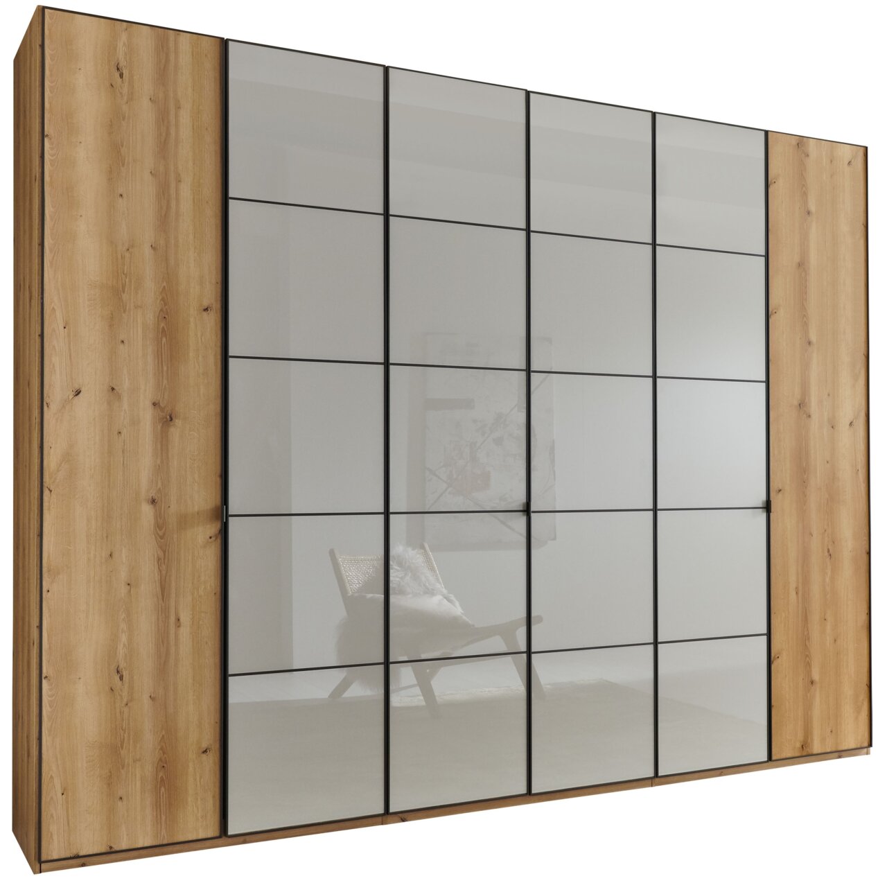 Moderner Drehtürenschrank mit Holzoptik und verspiegelten Türen, seitliche Perspektive