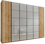 Moderner Drehtürenschrank mit Holzoptik und verspiegelten Türen, seitliche Perspektive