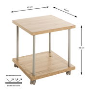 Beistelltisch auf Rollen aus Holz mit Melaminharzbeschichtung, quadratische Form, 40x40x45 cm, seitliche Perspektive