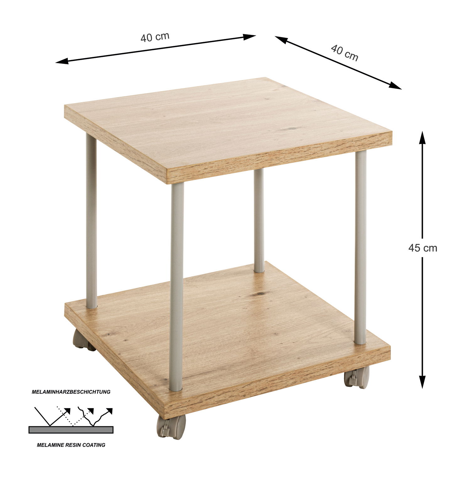 Beistelltisch auf Rollen aus Holz mit Melaminharzbeschichtung, quadratische Form, 40x40x45 cm, seitliche Perspektive