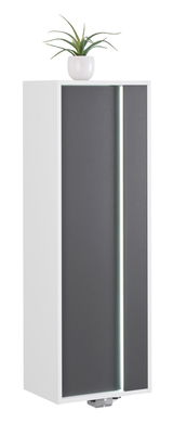 Moderner Midischrank in Weiß mit grauer Tür und LED-Beleuchtung, seitliche Perspektive, dekoriert mit einer Pflanze auf der Oberseite.