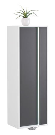 Moderner Midischrank in Weiß mit grauer Tür und LED-Beleuchtung, seitliche Perspektive, dekoriert mit einer Pflanze auf der Oberseite.