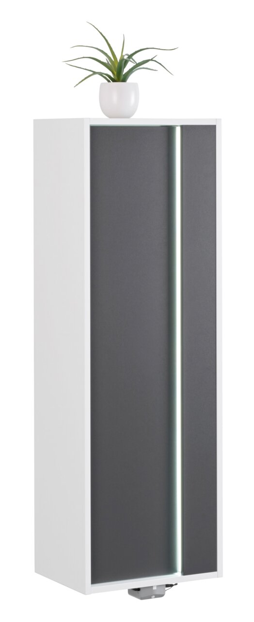 Moderner Midischrank in Weiß mit grauer Tür und LED-Beleuchtung, seitliche Perspektive, dekoriert mit einer Pflanze auf der Oberseite.