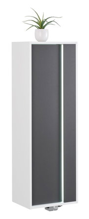 Moderner Midischrank in Weiß mit grauer Tür und LED-Beleuchtung, seitliche Perspektive, dekoriert mit einer Pflanze auf der Oberseite.